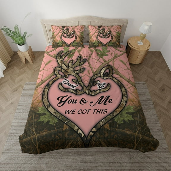Personalized Deer Couple Bedding Set – Camo Heart “You & Me We Got This” Duvet Cover & Pillowcases with Custom Names – Rustic Hunter Gift for Couples