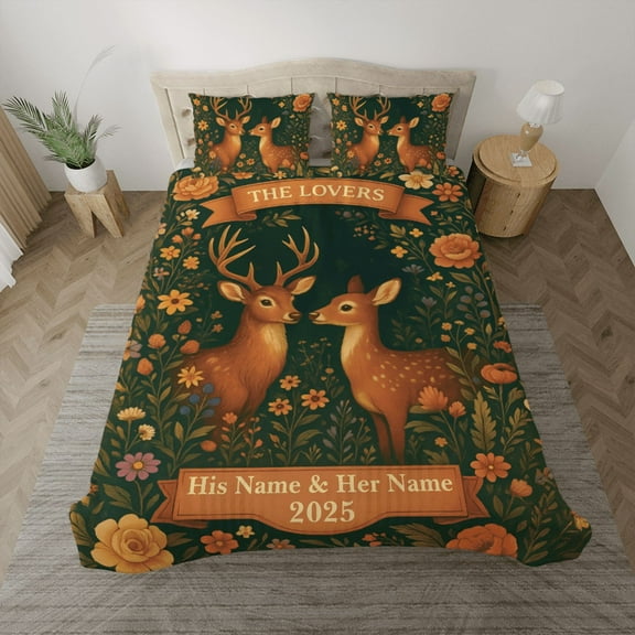 Personalized Deer Couple Bedding Set - Custom The Lovers Romantic Floral Bed Set