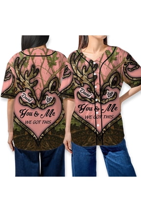 Personalized Deer Couple Heart Camo Baseball Jersey – You & Me We Got This Hunting Deer Shirt, Matching Valentine, Wedding Anniversary Gift for Him & Her