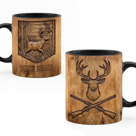 Personalized Deer Hunter Black Ceramic Mug (15oz), deer hunting coffee mug, hunting theme mug