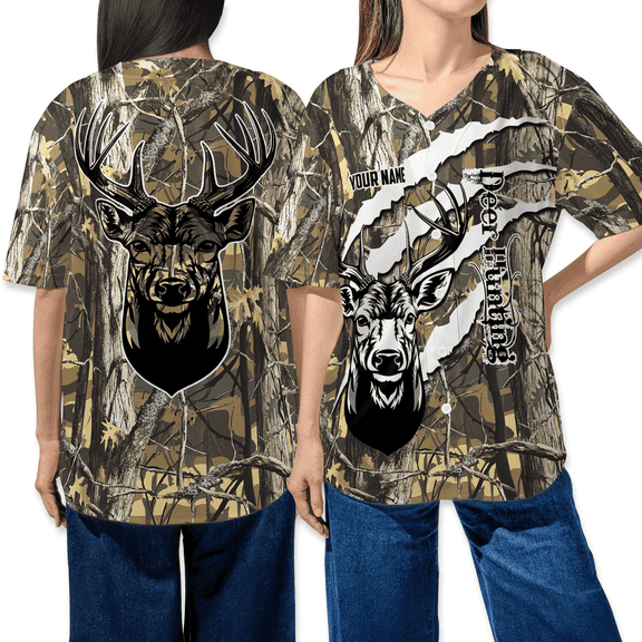 Personalized Deer Hunting Baseball Jersey - Camouflage Buck Button Down Shirt, Custom Name Hunting Jersey, Outdoor Hunter Apparel Gift