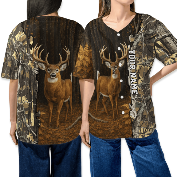 Personalized Deer Hunting Baseball Jersey Shirt, Camo Buck Forest Button-Up Jersey, Custom Name Outdoor Hunting Gift Shirt