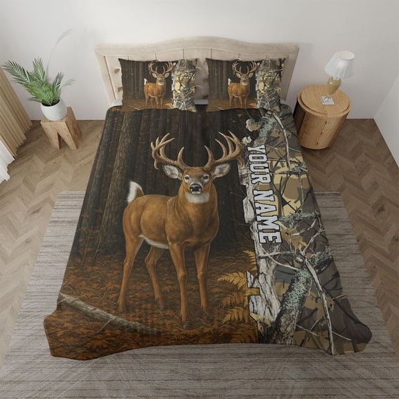 Personalized Deer Hunting Bedding Set, Rustic Wildlife Camo Forest Deer Duvet Cover & Pillowcases