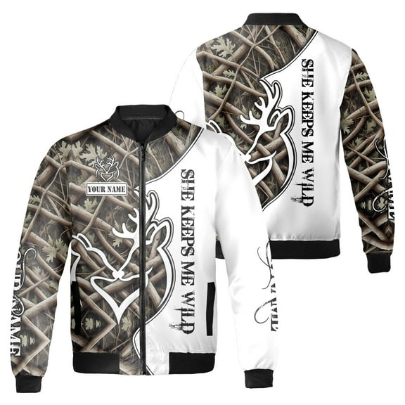 Personalized Deer Hunting Bomber Jacket – Custom Name Camo She Keeps Me Wild Zip Up Jacket, Outdoor Hunting Apparel