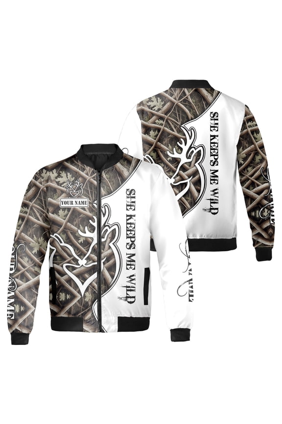Personalized Deer Hunting Bomber Jacket – Custom Name Camo She Keeps Me Wild Zip Up Jacket, Outdoor Hunting Apparel
