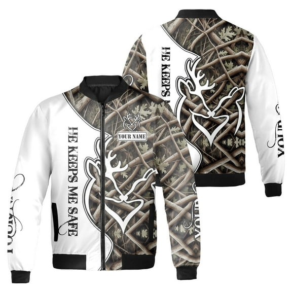 Personalized Deer Hunting He Keeps Me Safe Bomber Jacket – Custom Name Camo She Keeps Me Wild Zip Up Jacket, Outdoor Hunting Apparel