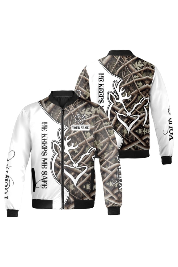 Personalized Deer Hunting He Keeps Me Safe Bomber Jacket, Outdoor Hunting Apparel