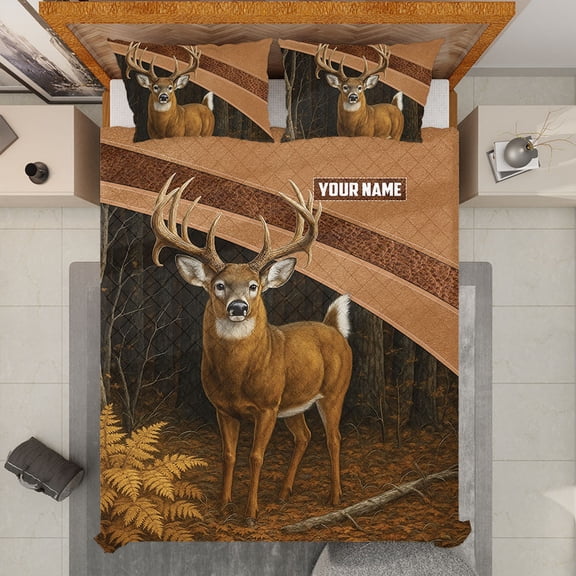 Personalized Deer Hunting Quilt Bedding Set, 3-Piece Quilt Set with Pillowcases Wildlife Design Buck Hunting Hunters Quilt Bed Set