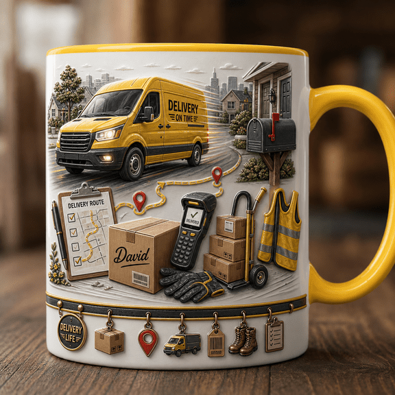Personalized Delivery Driver Ceramic Coffee Mugs Custom Name Gift with Delivery Van & Parcel Boxes 11 oz 15 oz