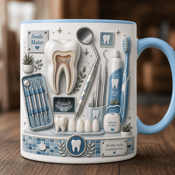 Personalized Dentist Ceramic Coffee Mugs with Dental Mirror & Tooth Model Design Gift for Dental Staff 11 oz 15 oz