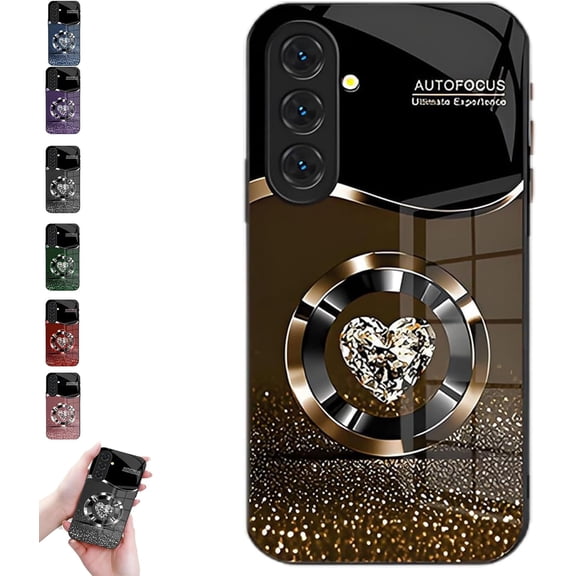 Personalized Diamond Heart Ring Magnetic Tempered Glass Case S25, Tempered Glass Phone case, Diamond Heart Ring Tempered Glass Case, for Samsung 23/24/25 Ultra Series (for S24Plus,Brown)