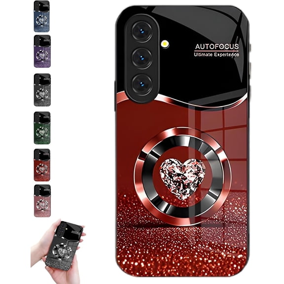 Personalized Diamond Heart Ring Magnetic Tempered Glass Case S25, Tempered Glass Phone case, Diamond Heart Ring Tempered Glass Case, for Samsung 23/24/25 Ultra Series (for S25,Red)