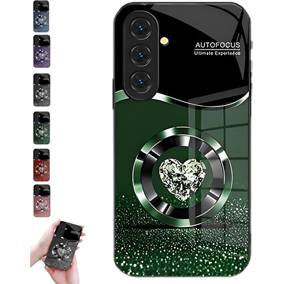 Personalized Diamond Heart Ring Magnetic Tempered Glass Case S25, Tempered Glass Phone case, Diamond Heart Ring Tempered Glass Case, for Samsung 23/24/25 Ultra Series (for S23Ultra,Green)