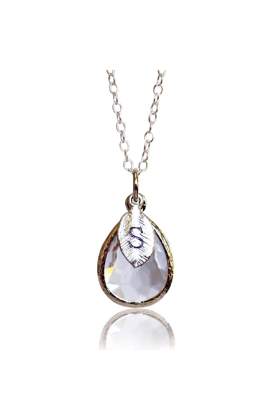 Personalized Diamond Necklace, April Teardrop Birthstone Necklace, Bridesmaid Necklace, Custom Initial Necklace, Birthday Gift for Her - 18" Silver Plated