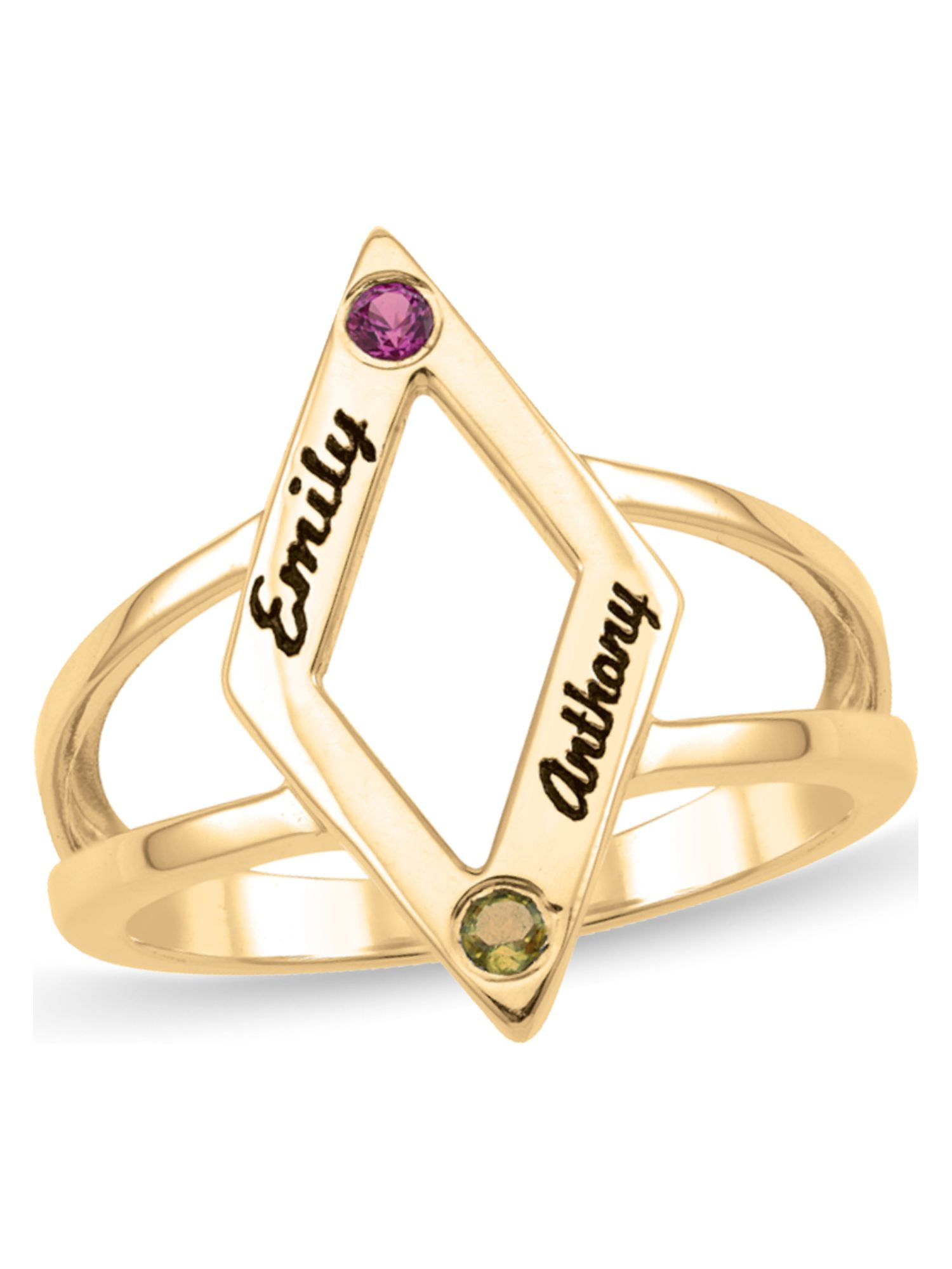 Personalized Diamond Shaped Engravable Couple's Birthstone Ring in 10K Gold by Jewlster