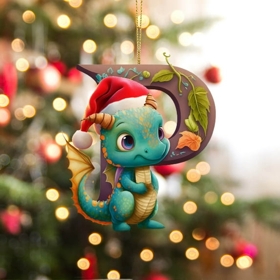 Personalized Dinosaur Alphabet Christmas Ornament, 26 Letter Acrylic Flat Tree Pendant for Kids Room & Nursery Decor,P