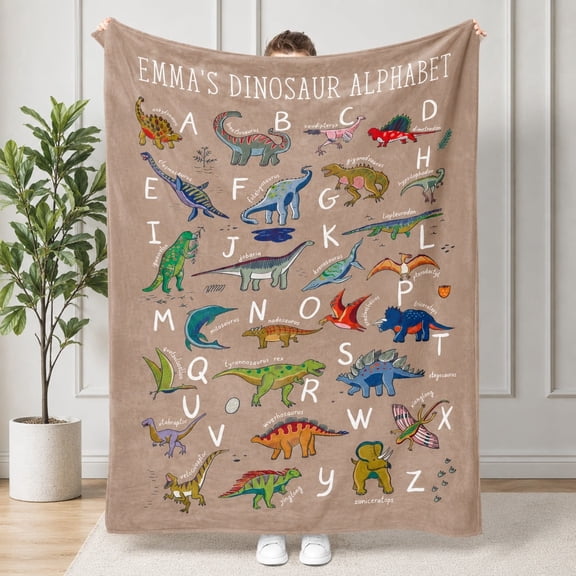 Personalized Prehistoric Alphabet Fleece Throw Blanket, Custom Name Dinosaur Letter Art 3D Print Polyester Blanket, 280gsm Home Decor Gift