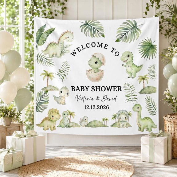 Personalized Dinosaur Celebration Linen-Style Fabric Tapestry, Custom Name and Date Party Backdrop for Jungle Theme Event Decor