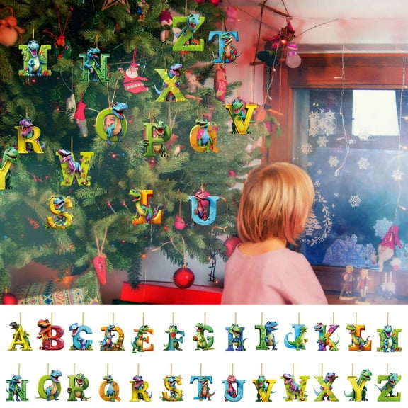 Personalized Dinosaur Christmas Ornament, 26 Letters Hanging Pendant Ornaments Plastic Initial Monogram Xmas Tree Decorations with Hanging Rope Unique Customized Funny Gift for Kids