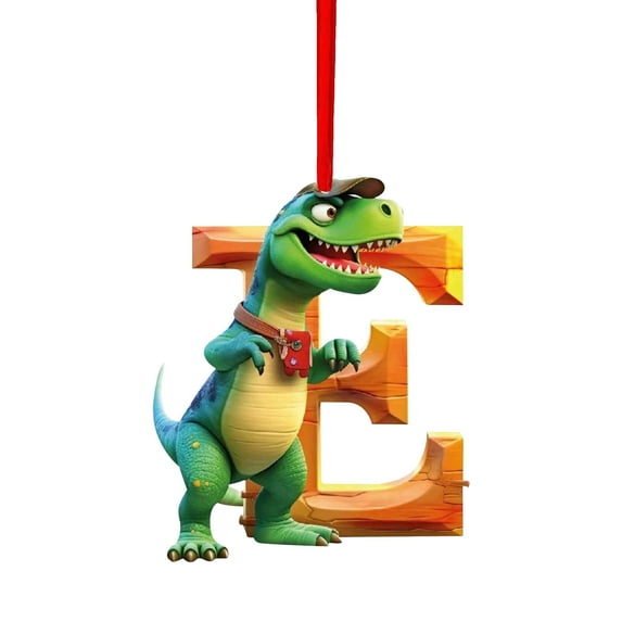 Personalized Dinosaur Christmas Ornament 26 Letters Hanging Pendant Ornaments, Plastic Monogram Xmas Tree Decorations with Red Hanging Rope Unique Customized Funny Gift for Kids