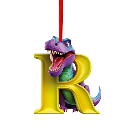 Personalized Dinosaur Christmas Ornament 26 Letters Hanging Pendant Ornaments, Plastic Monogram Xmas Tree Decorations with Red Hanging Rope Unique Customized Funny Gift for Kids