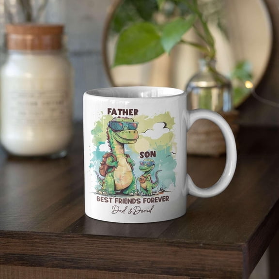 Personalized Dinosaur Father And Son Ceramic Cup, Unique Dad Mug, Custom Animal Lover Coffee Cup 11oz 15oz, Novelty Mug Gift For Father And Son, Customized Name Dinosaur Themed White Cup