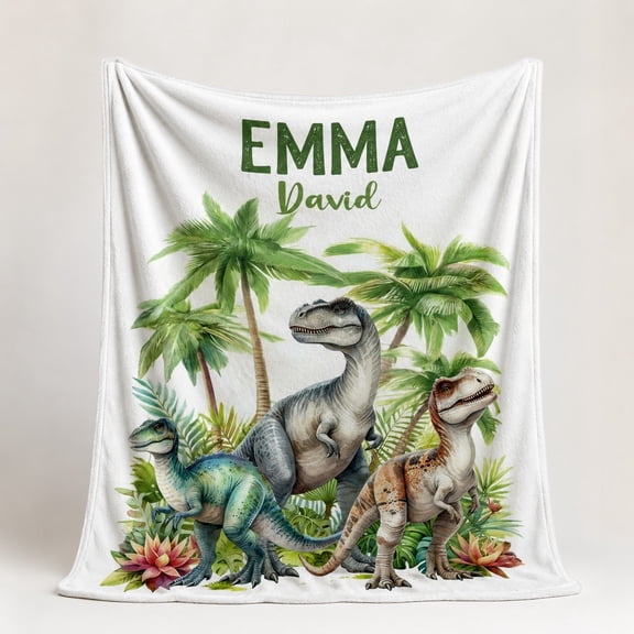 Personalized Dinosaur Fleece Blanket, Custom Name Family Throw Blanket, 280gsm Polyester Fleece, 3D Print, Multiple Sizes