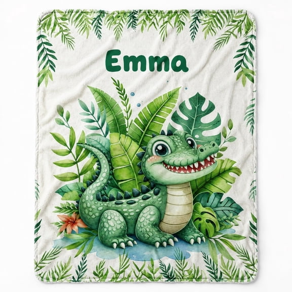 Personalized Prehistoric Jungle Fleece Throw Blanket, Custom Name Dinosaur Leaf Art 3D Print Polyester Blanket, 280gsm Home Decor Gift