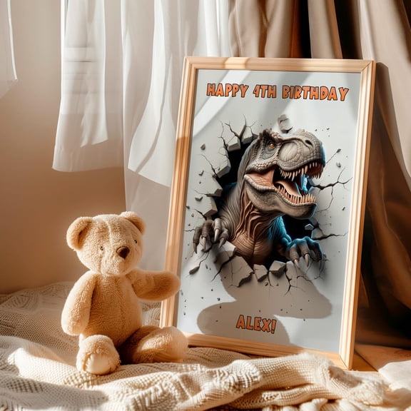 Personalized Dinosaur Printable Wall Art, Custom Happy Birthday T Rex, Jurassic Wall Art, Dino Gifts For Kids, Party Decor, Digital Download, Stretched Canvas Size 16x24