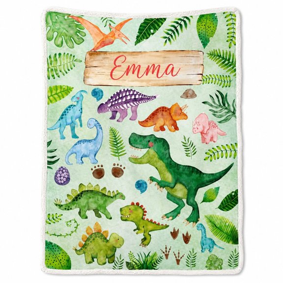 Personalized Dinosaur Sherpa Blanket, Custom Name Family Fleece Throw, 2-Layer 3D Print Blanket, Multiple Sizes