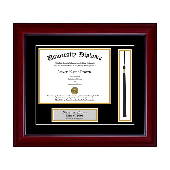 Personalized Diploma Frame with Tassel and Double Matting for 17" x 14" Tall Diploma with Mahogany 2" Frame