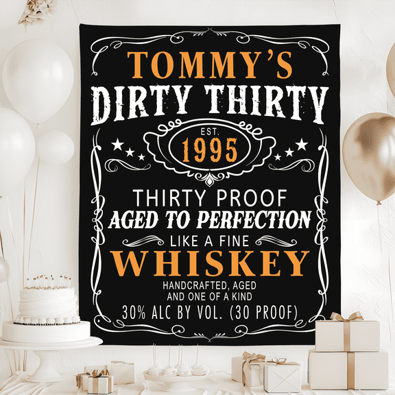 Personalized Dirty 30 Birthday Tapestry, Men's Birthday Party Banner, Thirty Birthday Decorations For Him, Whiskey Birthday Backdop