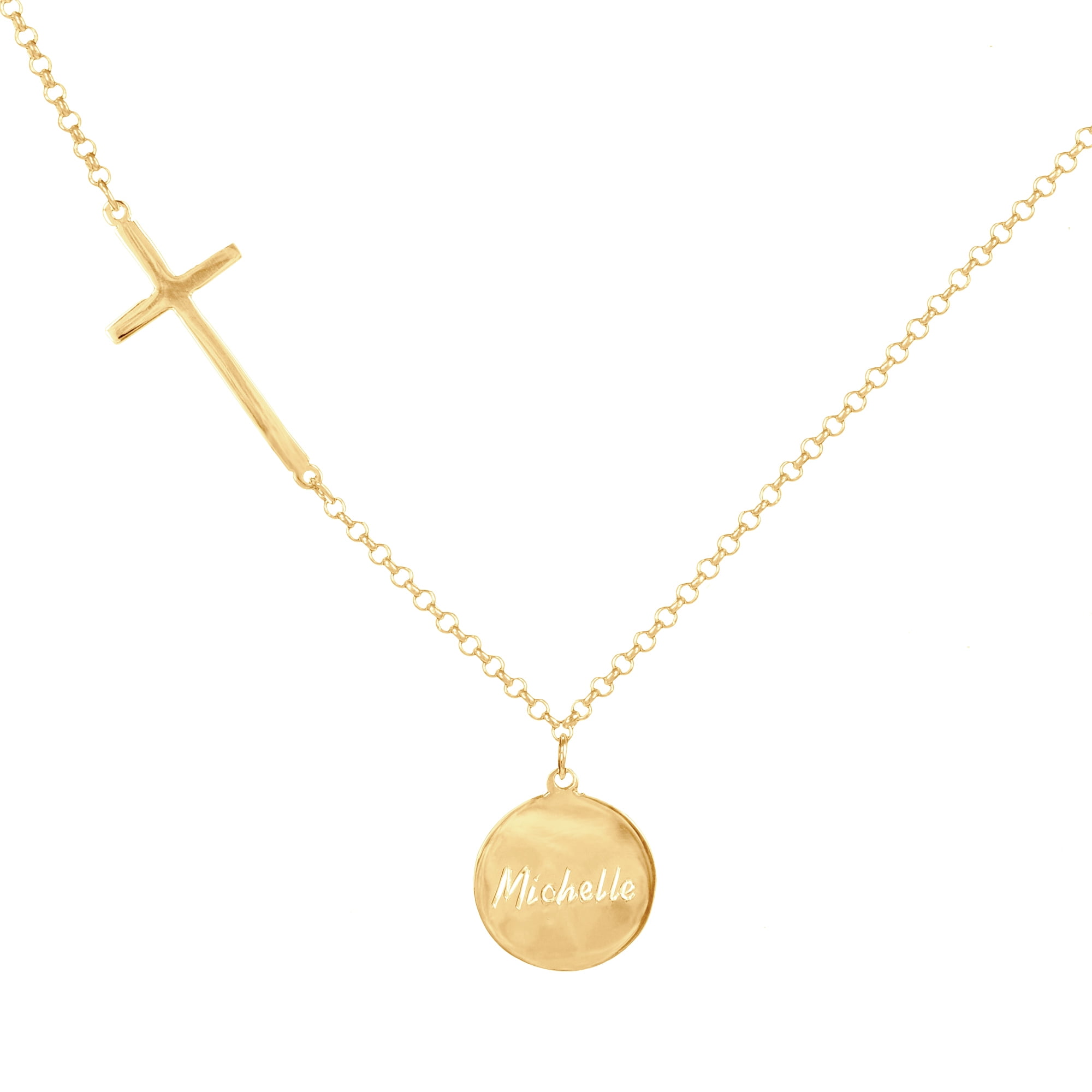 Personalized Disc Pendant Name Necklace w/ Cross in 14K Gold
