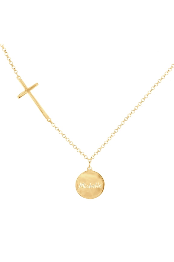 Personalized Disc Pendant Name Necklace w/ Cross in 14K Gold-Plated Sterling Silver