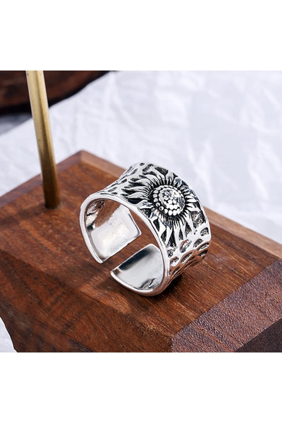 Personalized Distressed Copper Sunflower Ring: Retro Silver, Simple Style, Individually Packed, Fashion Accessory for Women