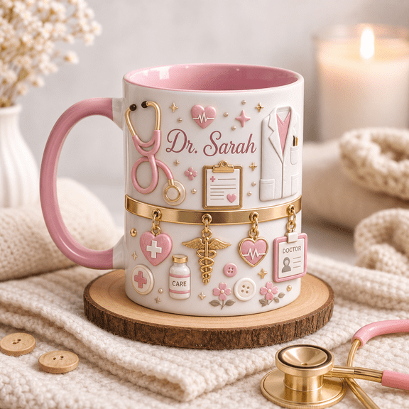 Personalized Doctor Mug with Stethoscope & White Coat, Pink Custom Name Coffee Cup