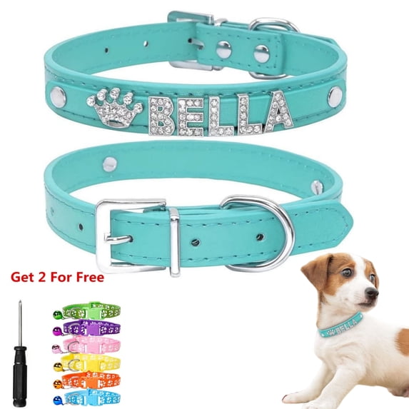 Newborn Brand Personalized Dog Collar PU Leather with Rhinestone Letters, Customized Sparkling Name Collar for Large Dogs,Aqua,12-15 inch,Large