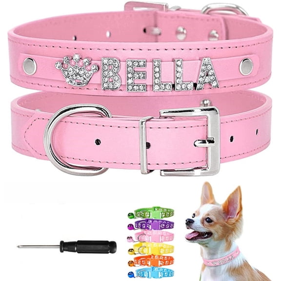 Newborn Brand Personalized Dog Collar PU Leather with Rhinestone Letters, Customized Sparkling Name Collar for Small Dogs Cats,Pink,8-10 inch,Small