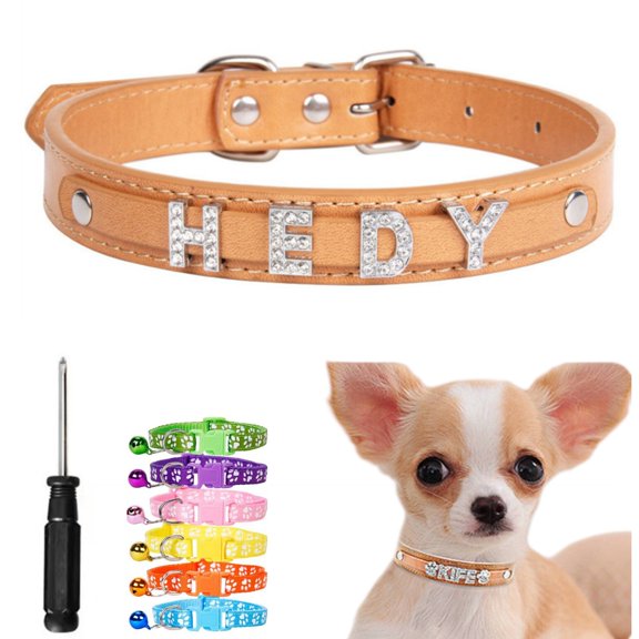 Newborn Personalized Customized PU Leather Glitter Rhinestone Bling Name Collar for Dogs & Puppies,Khaki,xl