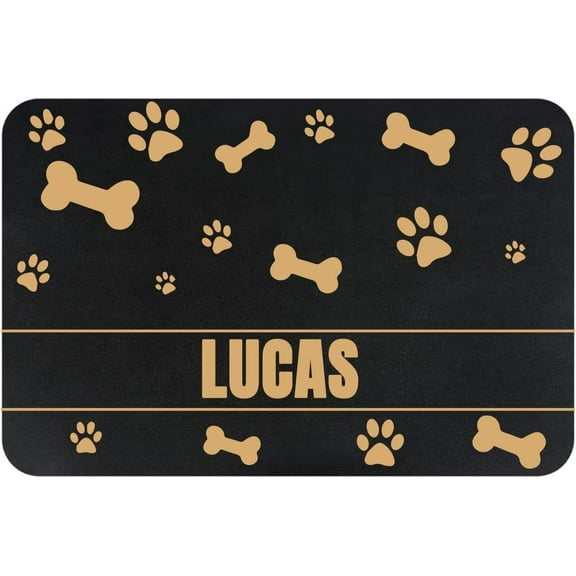 Personalized Dog Cat Food Mat PU Non-Slip at The Bottom Dog Bowl Mat Dog Mat for Food and Water Custom Pet Dog Food Mats for Floors Waterproof (Golden Bone and paw Prints)17.6×12"