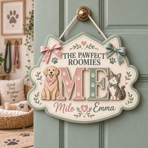 Personalized Dog Cat Roommates Initials Wooden Sign Door Hanger Pet Lovers