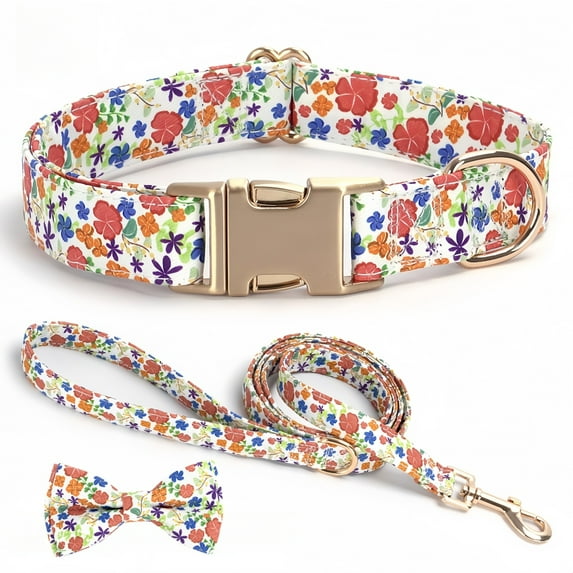 Personalized Dog Collar & Leash Set with Bow - Customizable, Anti-Loss Floral Print, Secure Metal Buckle for Small, Medium, Large Dogs