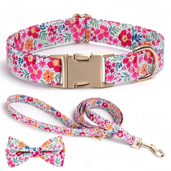 Personalized Dog Collar & Leash Set with Bow - Customizable, Anti-Loss Floral Print, Secure Metal Buckle for Small, Medium, Large Dogs