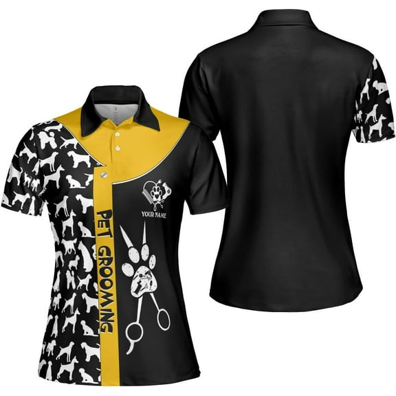 Personalized Dog Grooming 3D Polo Shirt Custom Pet Spa, Cute Pet Grooming Summer Uniform Polo Shirt for Women (Yellow, L)