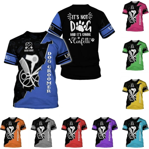 Personalized Dog Grooming 3D Shirt, Pet Spa Short Sleeve T-Shirt Cute Pet Grooming Tshirt for Women and Men Groomer (Blue, 4XL)