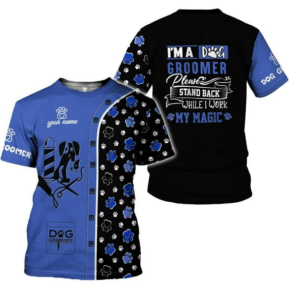 Personalized Dog Grooming 3D Shirt, Pet Spa Short Sleeve T-Shirt Cute Pet Grooming Tshirt for Women and Men Groomer (Blue, XL)