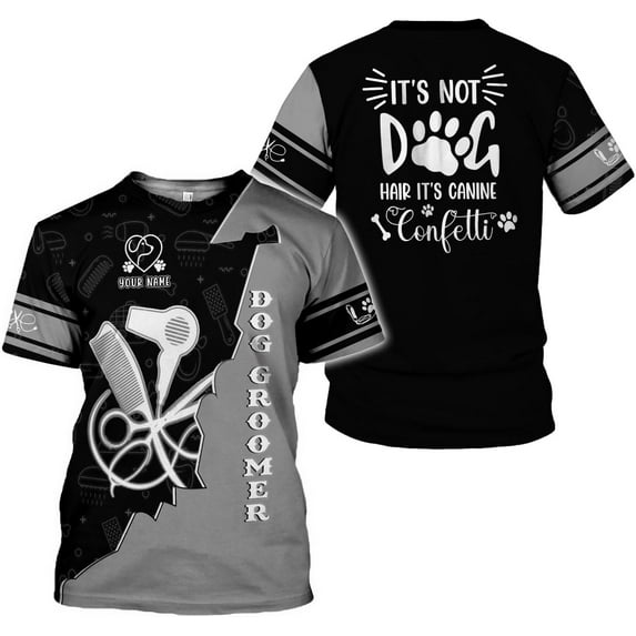 Personalized Dog Grooming 3D Shirt, Pet Spa Short Sleeve T-Shirt Cute Pet Grooming Tshirt for Women and Men Groomer (Grey, L)