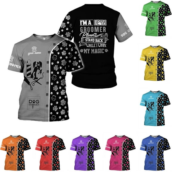 Personalized Dog Grooming 3D Shirt, Pet Spa Short Sleeve T-Shirt Cute Pet Grooming Tshirt for Women and Men Groomer (Grey, M)