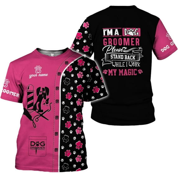 Personalized Dog Grooming 3D Shirt, Pet Spa Short Sleeve T-Shirt Cute Pet Grooming Tshirt for Women and Men Groomer (Pink, 2XL)