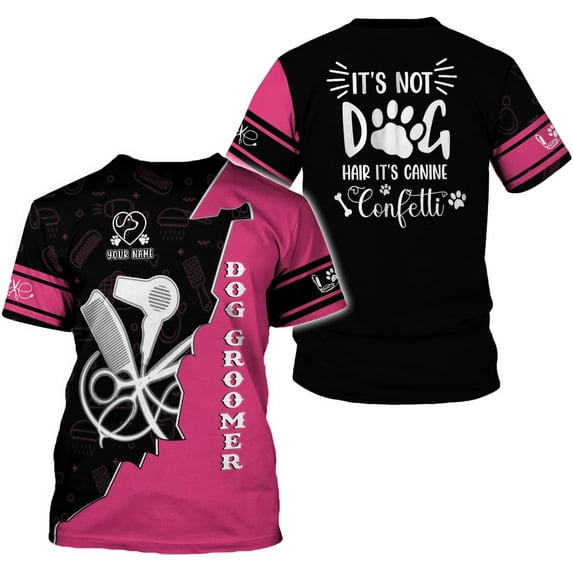 Personalized Dog Grooming 3D Shirt, Pet Spa Short Sleeve T-Shirt Cute Pet Grooming Tshirt for Women and Men Groomer (Pink, L)